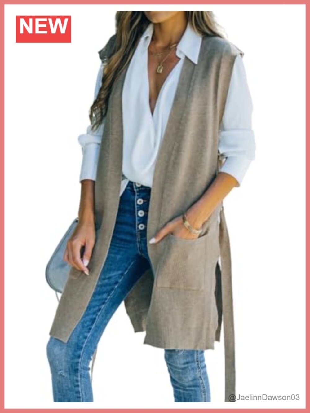 Womens Long Sweater Vest Sleeveless Open Front Cardigan with Self Belt